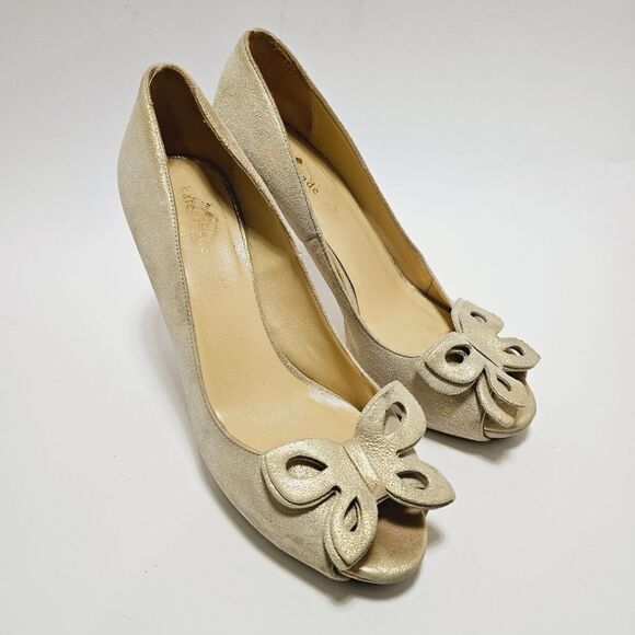 Kate Spade Italy Muted Gold Suede Butter Fly Gino Metallic Pump Heel Shoe Size 8 - Picture 1 of 9